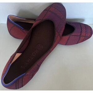 ROTHY'S The Square Toe Ballet Flat Cranberry Plaid Slip On Shoes Size 7.5 Women
